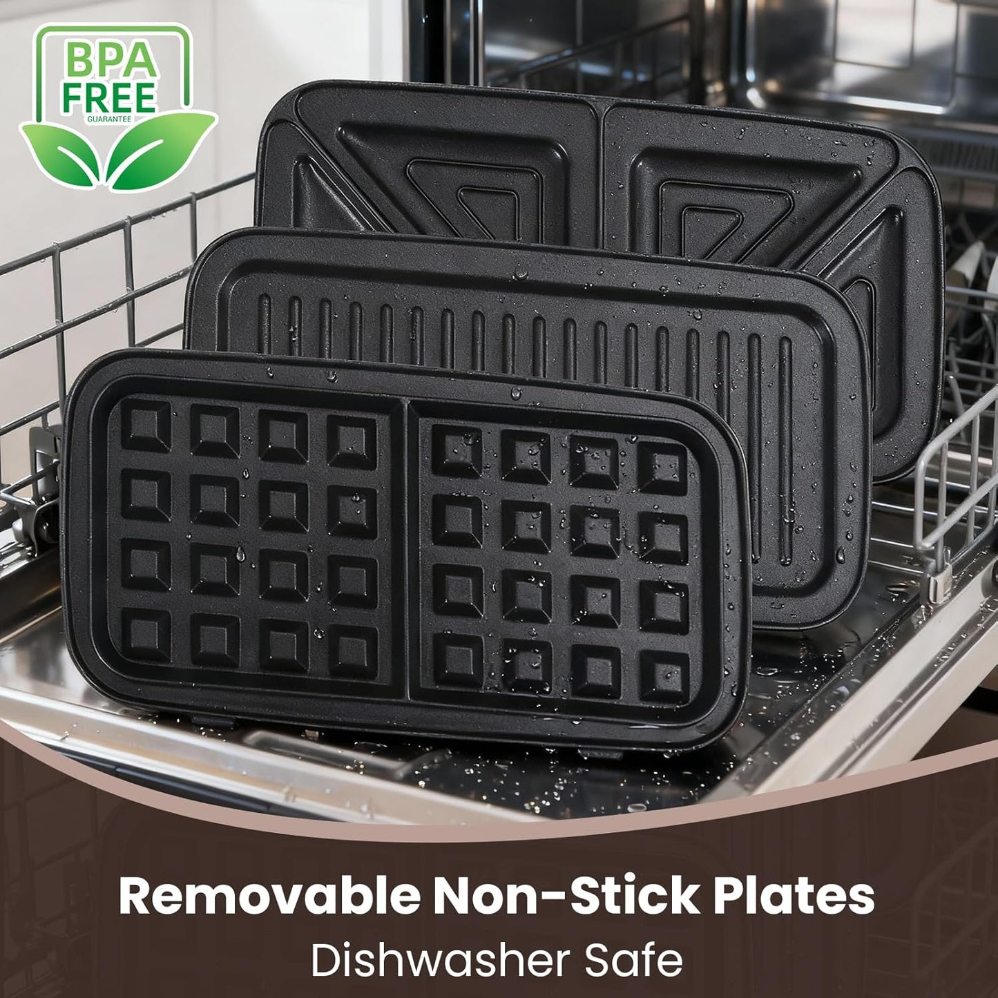 Skiennix Waffle Maker - 3-in-1 Nonstick Sandwich, Waffle & Pancake Maker with Removable Plates | 5-Level Browning Control