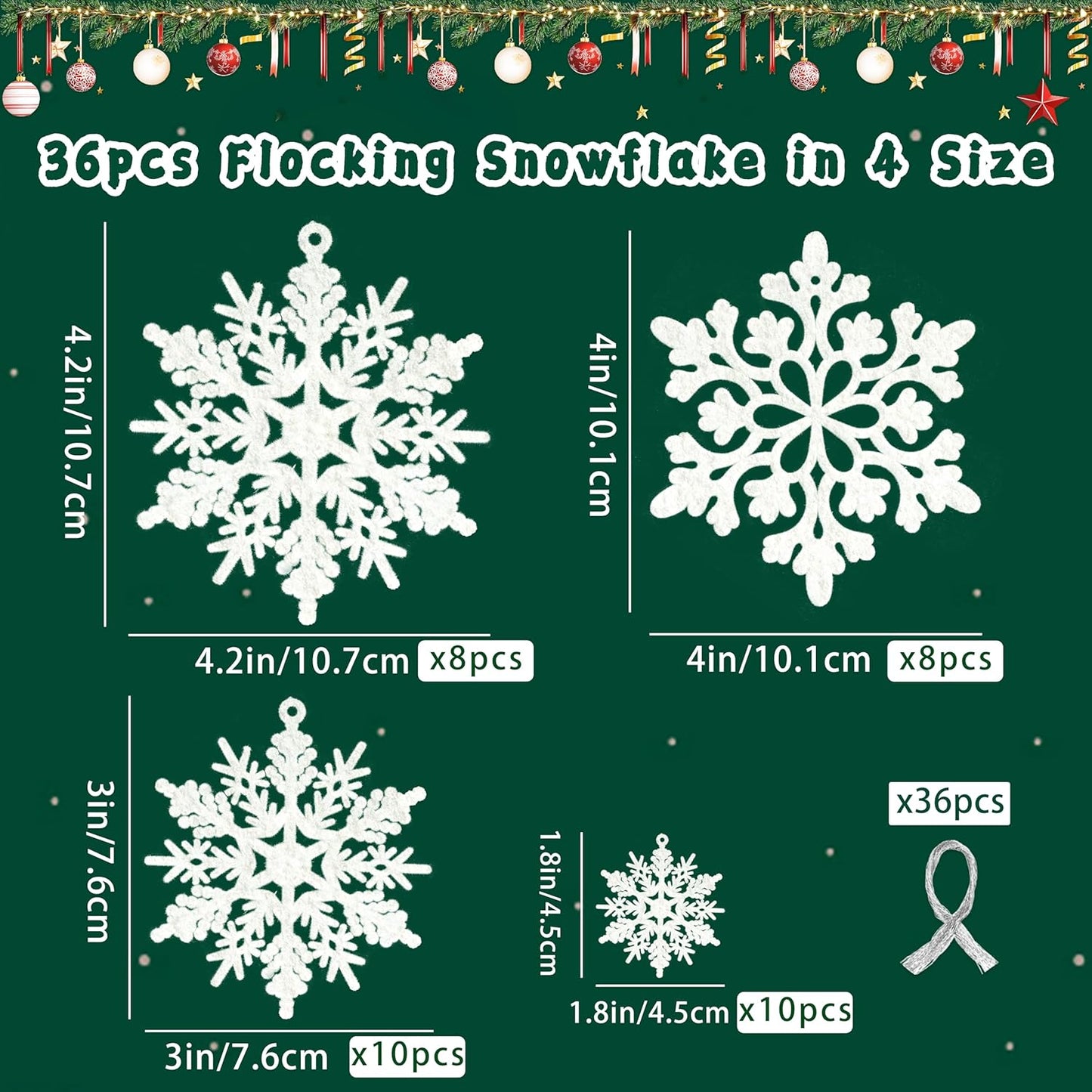 Skiennix Christmas Snowflake Decorations - 36pcs White Flocked Ornaments for Holiday Home Decor
