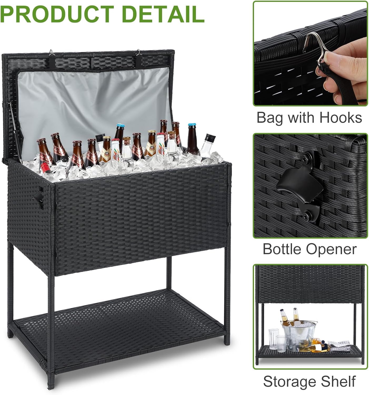 Skiennix 80 Quart Ice Chest Cooler Cart - Outdoor Beverage Stand with Bottle Opener for Parties & Poolside