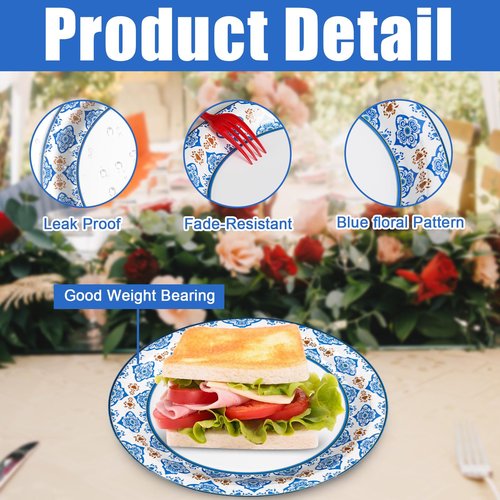 EggSun 10 Inch Blue Floral Paper Plates, 150pcs Large Disposable Plates, Heavy Duty Flower Plate Tableware for Party, Daily Use, Soak Food,Cut Food, Family Gathering, Dinner Time Birthday Wedding