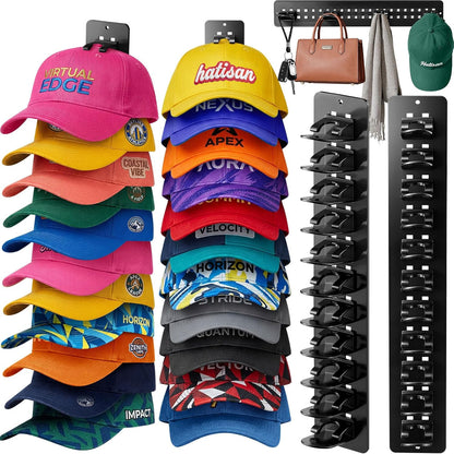 Skiennix 2-Pack Hat Organizer - Detachable DIY Wall Rack Holds Up to 22 Baseball Caps | Black