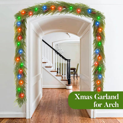 9ft Norfolk Pine Garland with Lights - 40-LED Battery Operated, 8 Modes, Pinecones, Timer - Prelit Christmas Decoration