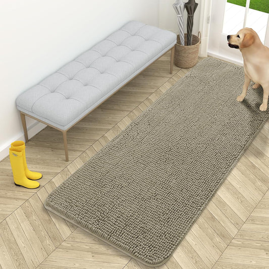 OLANLY Dog Door Mat - Absorbent Non-Slip Chenille Mat for Muddy Paws | 59x24 Warm Taupe Indoor Carpet