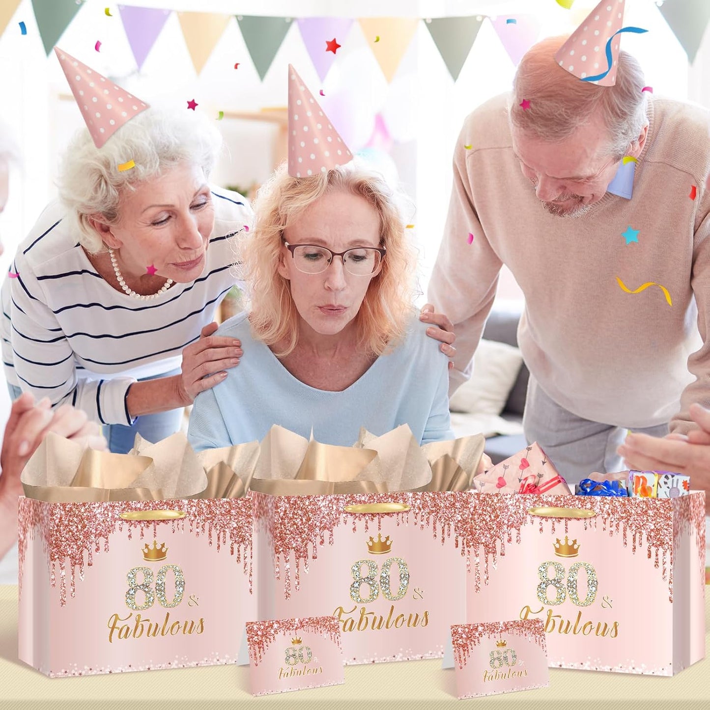 Yoirrat Rose Gold 80th Birthday Gift Bag - Large Pink Design with Wrapping Paper & Card for Women