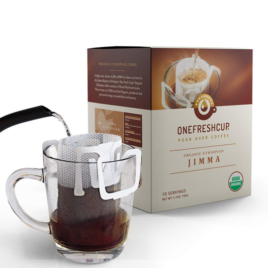 One Fresh Cup — Single Serve Pour Over Drip Coffee — Organic Jimma Ethiopian Single Origin Light Roast 10-pack — Individual disposable packet with filter & grounds great for camping backpacking travel