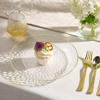 Regine Switzerland Crystal Clear Plastic Plates - Elegant Gold Rim Disposable Dinnerware Set | 50 Pcs (25 Dinner & 25 Salad Plates) for Parties & Weddings