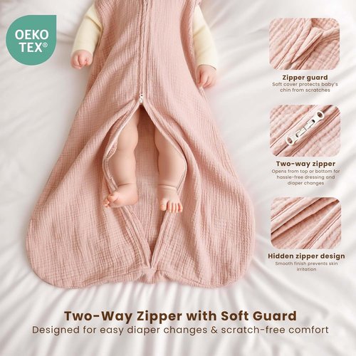 Konssy Muslin Baby Sleep Sack - 100% Cotton Wearable Blanket for 6-12 Months | 2-Pack, 0.8 TOG, Pink Blossom