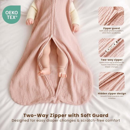 Konssy Muslin Baby Sleep Sack - 100% Cotton Wearable Blanket for 6-12 Months | 2-Pack, 0.8 TOG, Pink Blossom