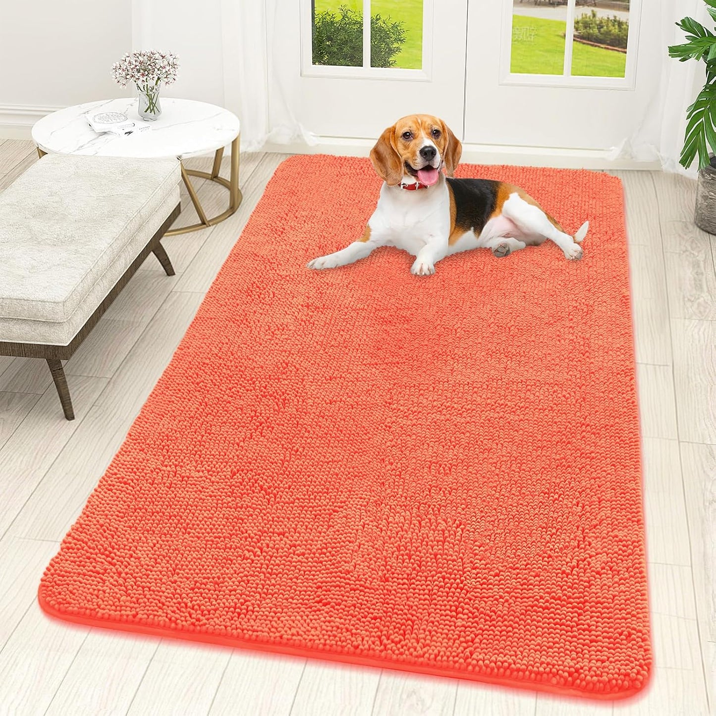OLANLY Dog Door Mat - Absorbent Non-Slip Washable Chenille Mat for Muddy Paws | 59x32 Coral