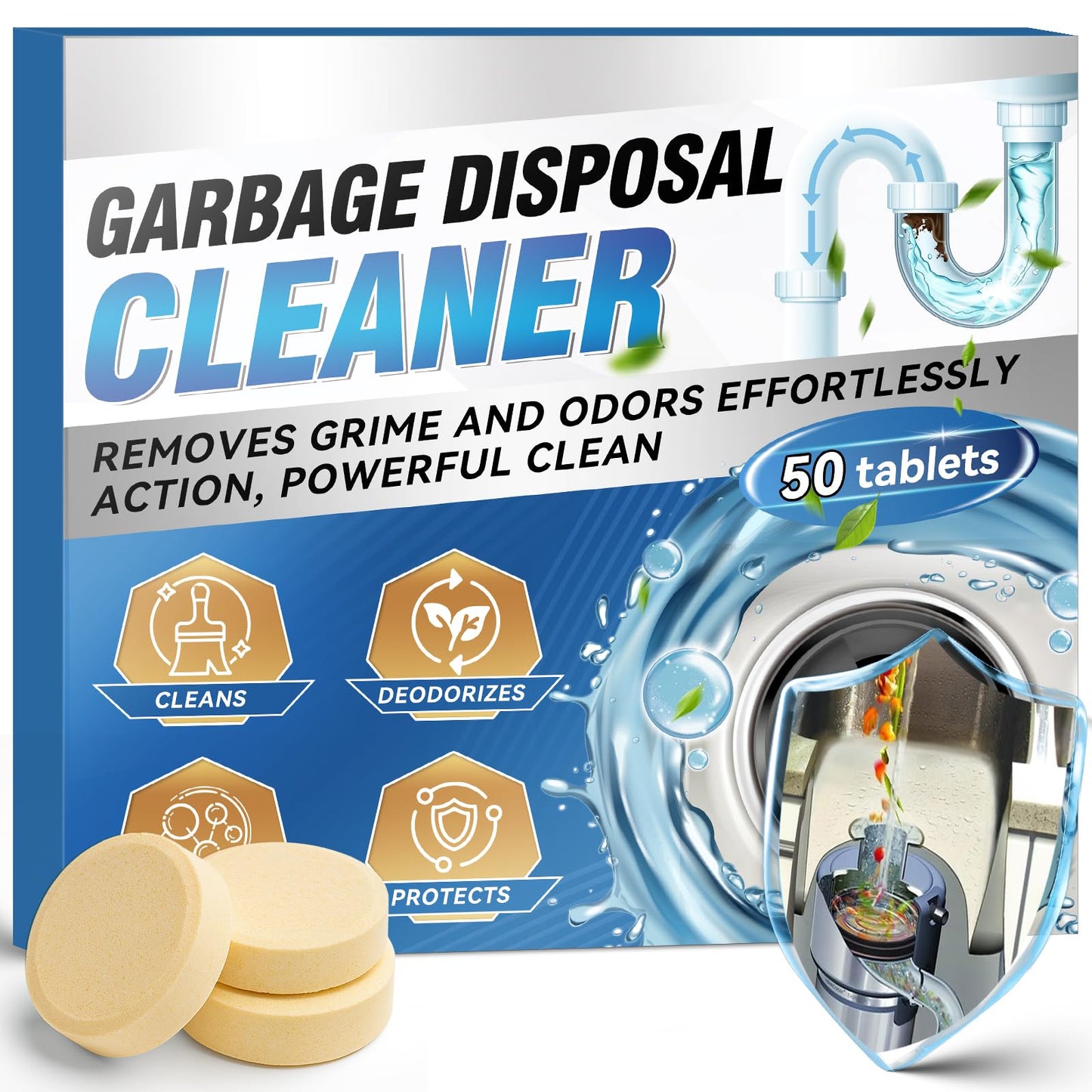 Yeardera Garbage Disposal Cleaner and Deodorizer Tablets - 50 Count (1-Year Supply), Powerful Foaming Sink Cleaner, Quickly Eliminates Odors, Natural Drain Odor Eliminator for Kitchen Disposal Care