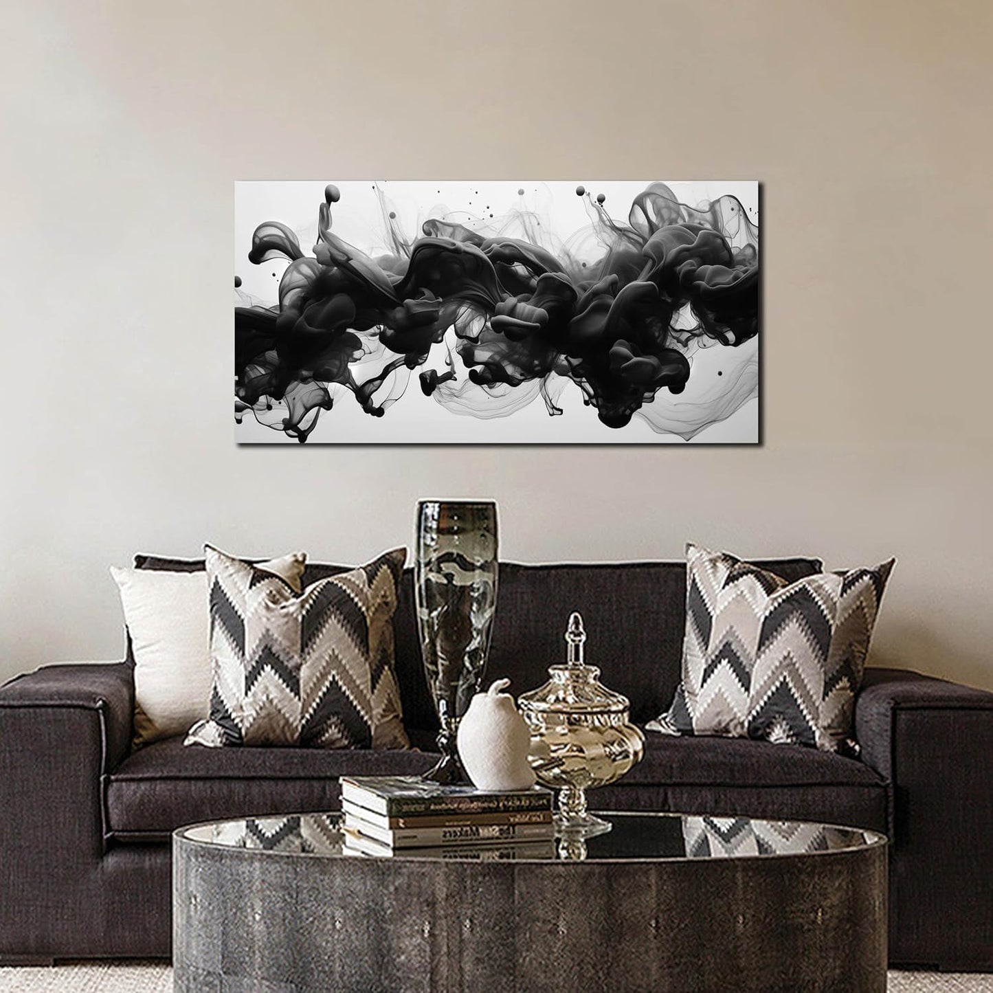 Abstract Black Wall Art - Contemporary Minimalist Canvas Print for Living Room | 40x20 Inches
