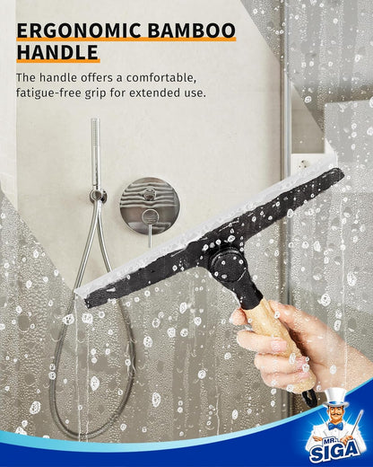 MR.SIGA Silicone Shower Squeegee - Streak-Free Cleaning with Pivoting Bamboo Handle | 10-Inch Wide, Black