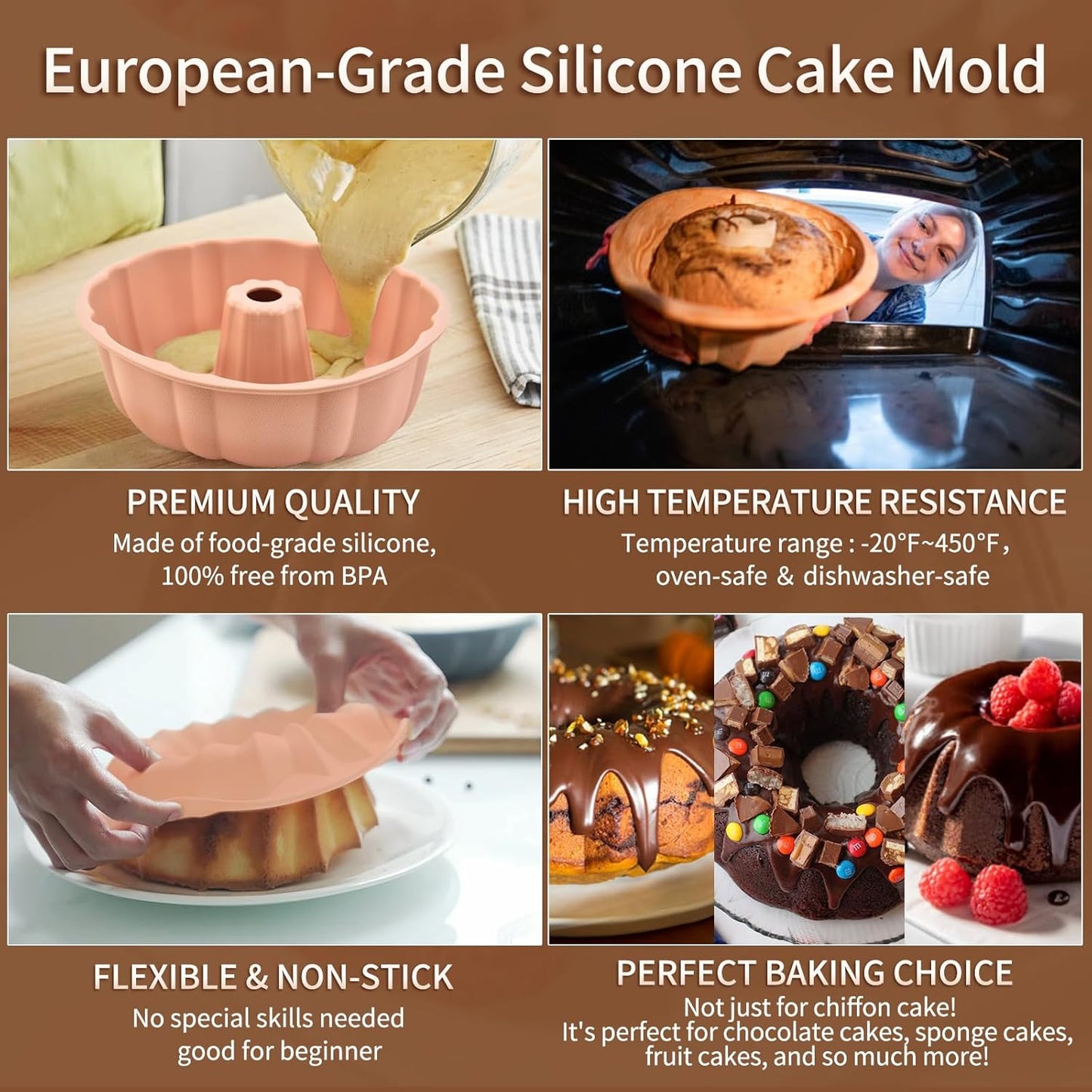 PADELE Nonstick Silicone Cake Pan Set - 10 Inch Molds for Cakes, Brownies & Jello | Pink & Blue