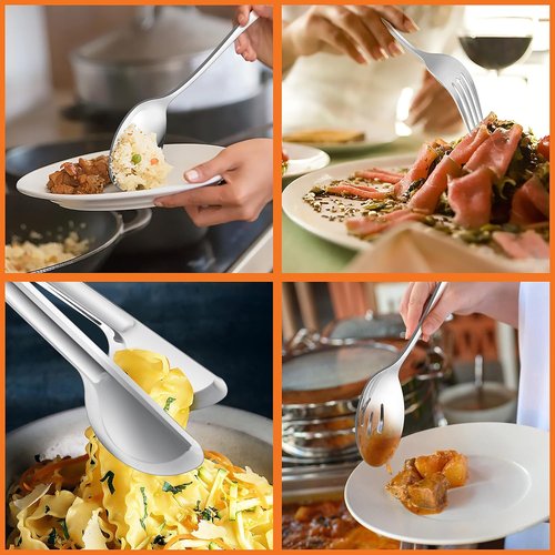 E-far Large Serving Utensils Set - 8-Piece Stainless Steel Serving Spoons, Fork & Tongs | Dishwasher Safe