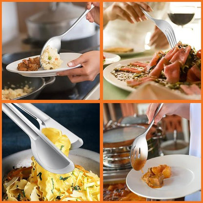 E-far Large Serving Utensils Set - 8-Piece Stainless Steel Serving Spoons, Fork & Tongs | Dishwasher Safe