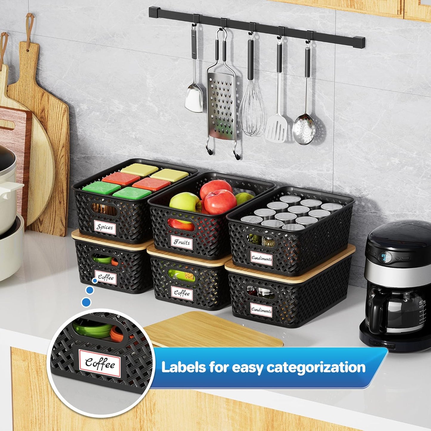 Anysig Plastic Storage Bins - 8 Pack Stackable Bins with Bamboo Lids for Organizing | Black
