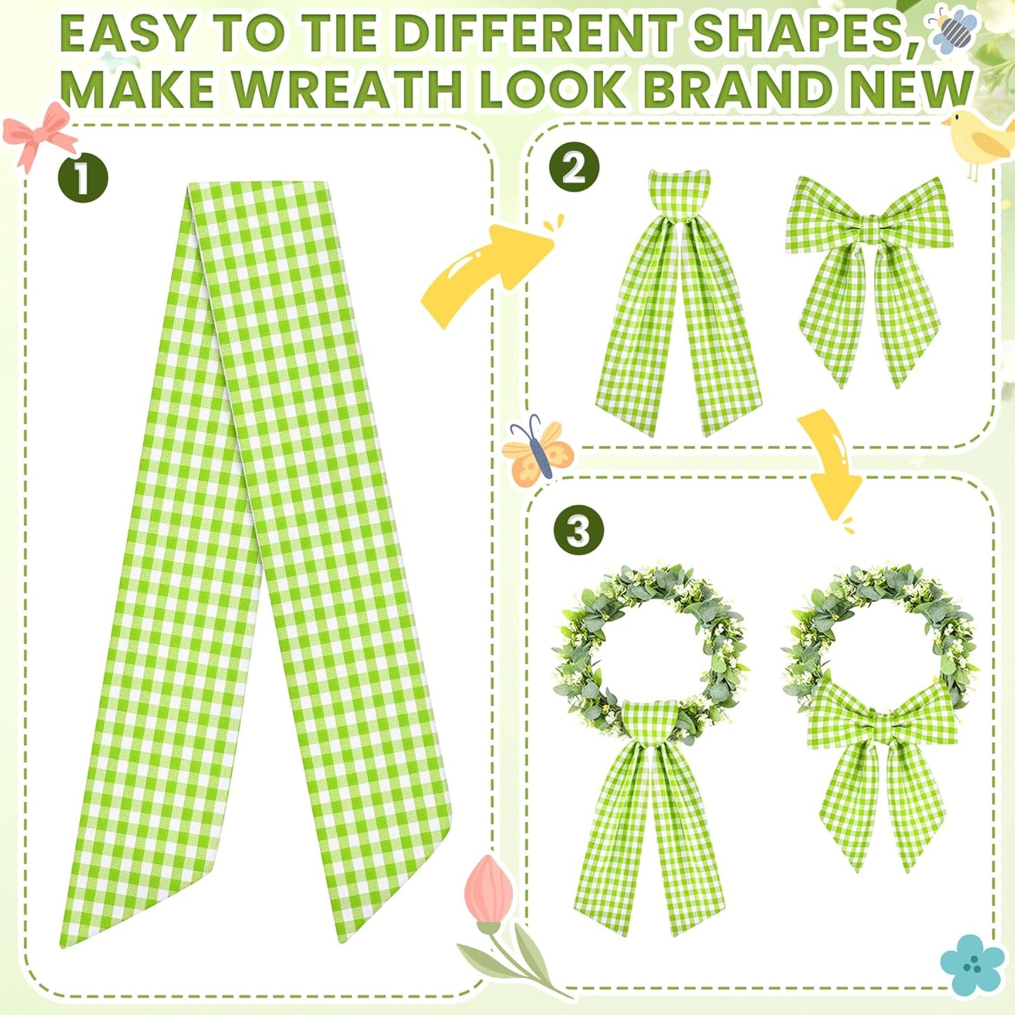 Skiennix Spring Wreath Sash - 56 Inch Green and White Plaid for Holiday Indoor/Outdoor Decor