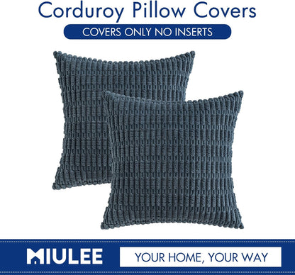 MIULEE Corduroy Throw Pillow Covers - Soft Boho Striped Design | 18x18 Inch Blue for Modern Farmhouse Decor