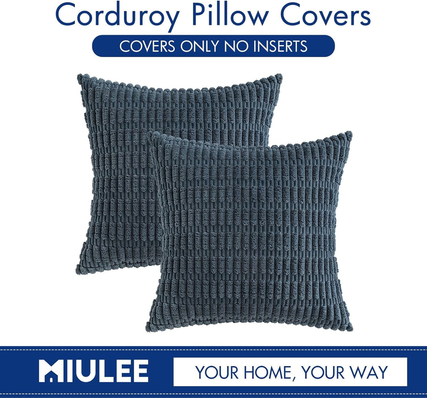 MIULEE Corduroy Throw Pillow Covers - Soft Boho Striped Design | 16x16 Inch Blue Decorative Covers for Living Room