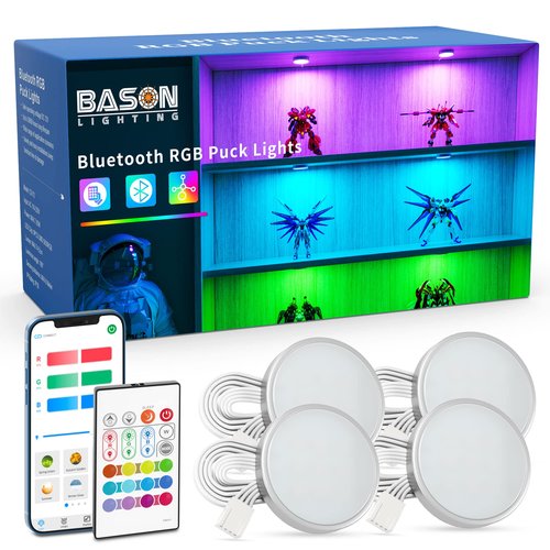 BASON LIGHTING RGB Under Cabinet Lighting, Halloween Decoration Lights, Bluetooth APP Control LED Puck Lights, Dimmable, Adapter Powered Shelf Decorative for Kitchen, Counter, Glass Cabinets