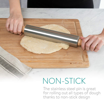 Navaris Stainless Steel Rolling Pin - 17" Non Stick Metal Roller with Wood Handles for Baking, Cooking, Cookies, Biscuits, Pizzas, Dough, Pastry