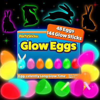 PartySticks 48 Easter Glow Eggs & 144 mini Glow Sticks 192pcs Total, Glow-in-the-Dark Kids Teens Adults Easter Basket Stuffers Fillers Gift for Hunt Game, Party Favors, Boys Girls Classroom Prizes