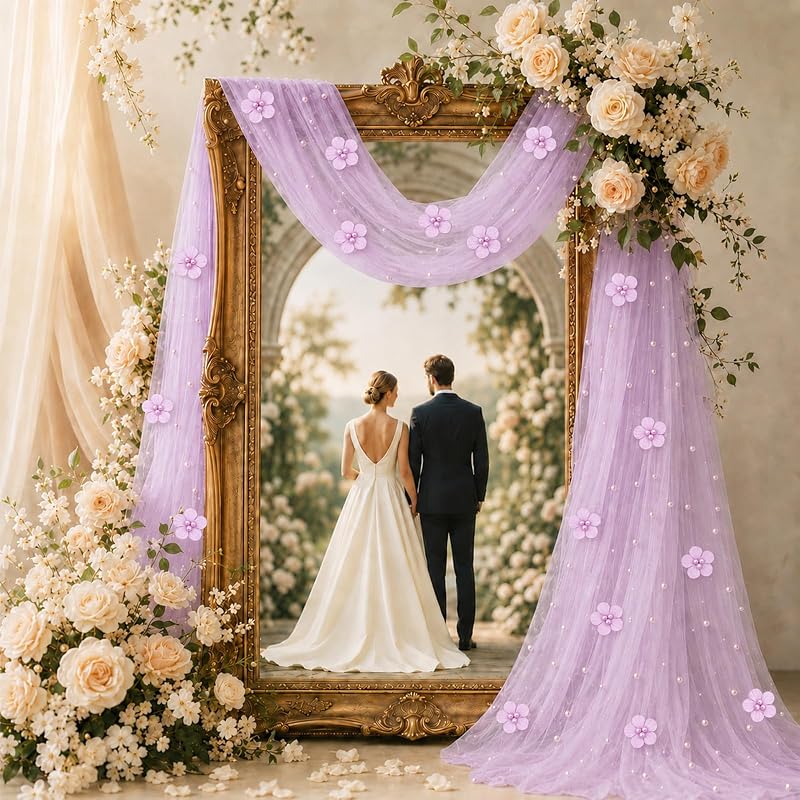 6 Pcs 29x120'' Pearl Tulle Table Runner - Purple, Wedding Party Set (Variation: Purple)