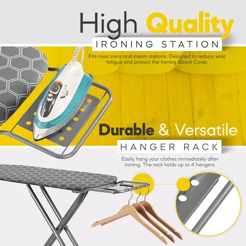 Full Size Ironing Board 57" L X15 W, Large Wide Sturdy Ironing Board with Iron Rest, Foldable Adjustable Iron Board with Heat Resistant Cover, Enhanced Stability (Silver Gray)