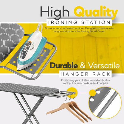 Full Size Ironing Board 57" L X15 W, Large Wide Sturdy Ironing Board with Iron Rest, Foldable Adjustable Iron Board with Heat Resistant Cover, Enhanced Stability (Silver Gray)