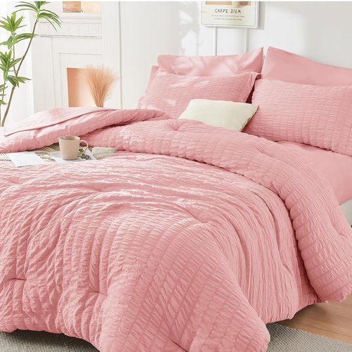 HYMOKEGE Rose Pink California King Comforter Set - 7-Piece Luxury Bedding Set for All Seasons