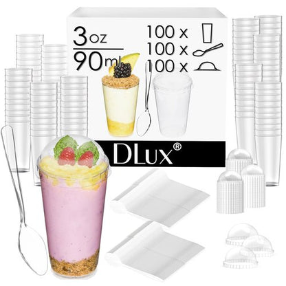 DLux 100 x 3oz Mini Dessert Cups with Lids & Spoons, Shooter - Clear Plastic Parfait Appetizer Cup - Small Reusable Cups for Tasting Party Desserts Appetizers - With Recipe Ebook