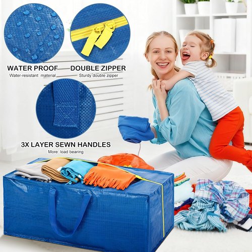 4 Pack Extra Large Moving Bags - Heavy Duty Storage Totes with Backpack Straps & Strong Zippers | Space-Saving Blue