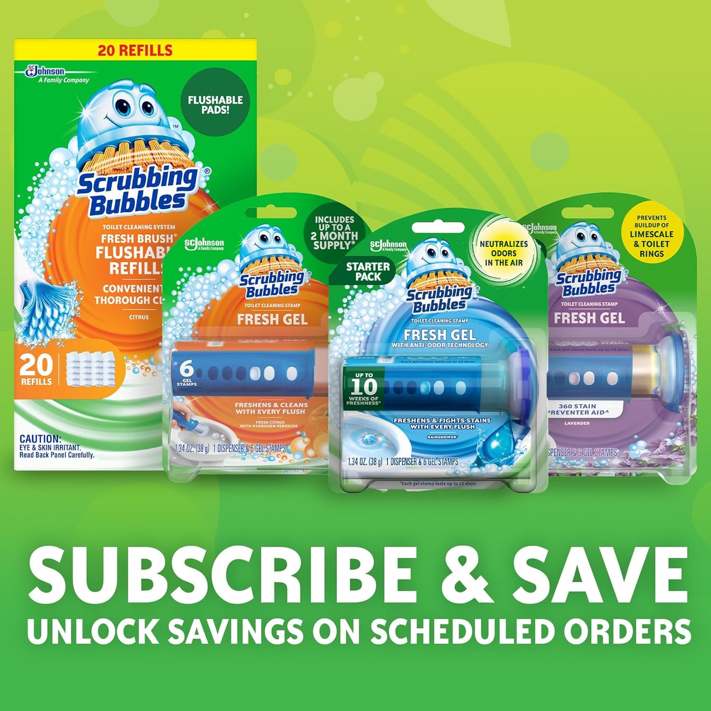 Scrubbing Bubbles Toilet Bowl Cleaning Gel Stamps - Prevents Limescale & Rings, Rainshower Scent, 24 Stamps