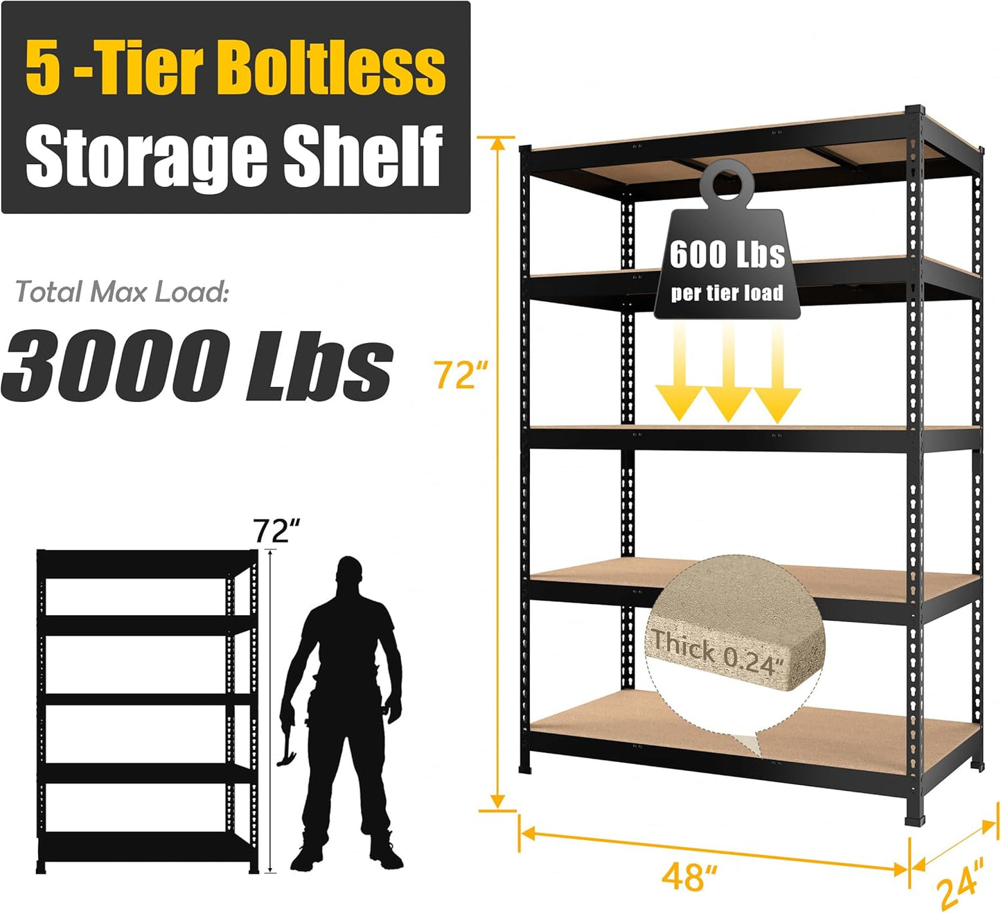 PrimeZone Heavy Duty Storage Shelves - 5-Tier Adjustable Metal Rack for Garage, Pantry & Kitchen | 48" x 24" x 72" - Black