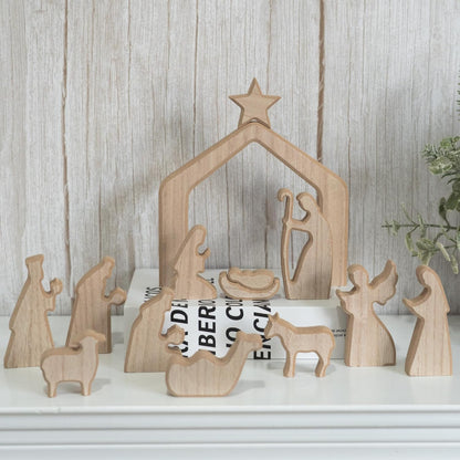 NEROSUN Nativity Scene Set - 13-Piece Wooden Miniature Holy Family Figurines | Minimalist Boho Christmas Decor