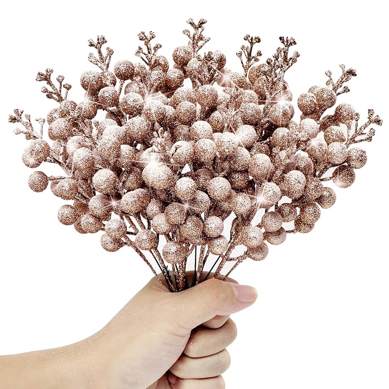 Rose Gold 16-Piece Glitter Berry Stems 8-Inch Frosted Christmas Picks for Wreaths, Ornaments & Decor - Variation Rose Gold