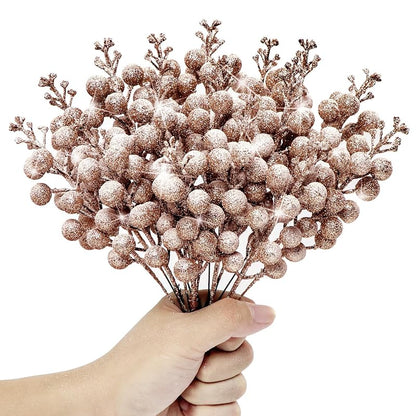 Rose Gold 16-Piece Glitter Berry Stems 8-Inch Frosted Christmas Picks for Wreaths, Ornaments & Decor - Variation Rose Gold
