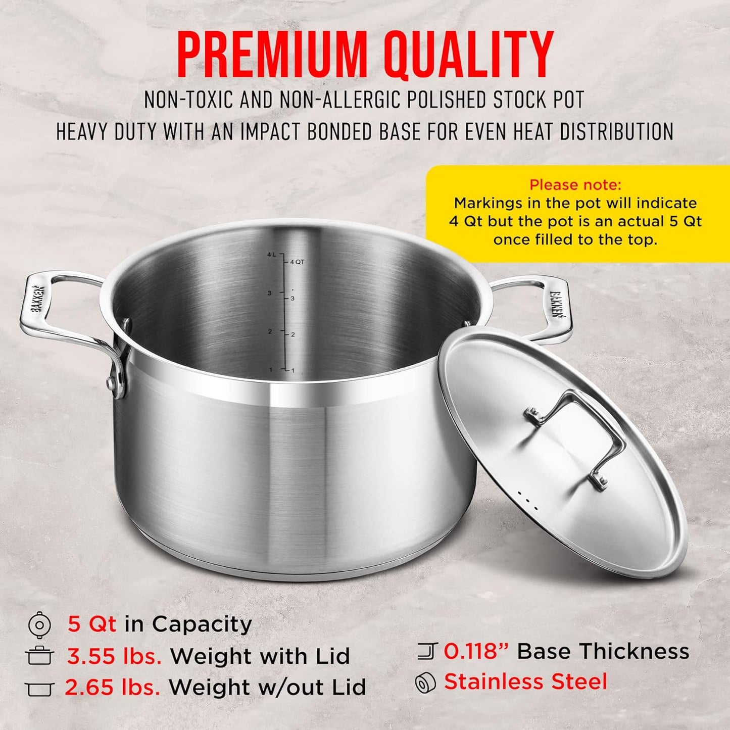 Stainless Steel Stockpot by [Brand Name] - 5 Quart Durable Cookware with Impact-Bonded Base & Riveted Handles