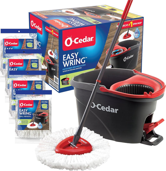 O-Cedar EasyWring Microfiber Spin Mop - Complete Floor Cleaning System with 4 Extra Refills