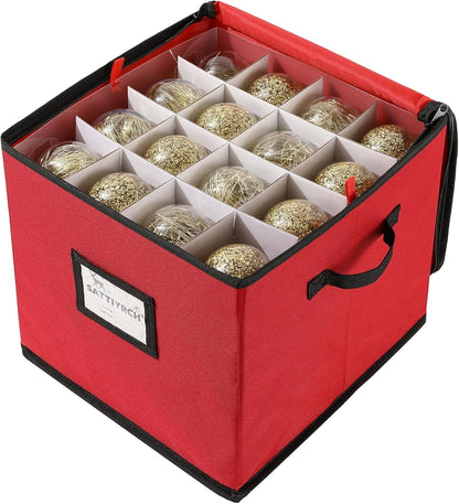 Sattiyrch Christmas Ornament Storage Box - Dust-Proof Canvas with 4 Trays & Customizable Dividers | Holds 64 Ornaments