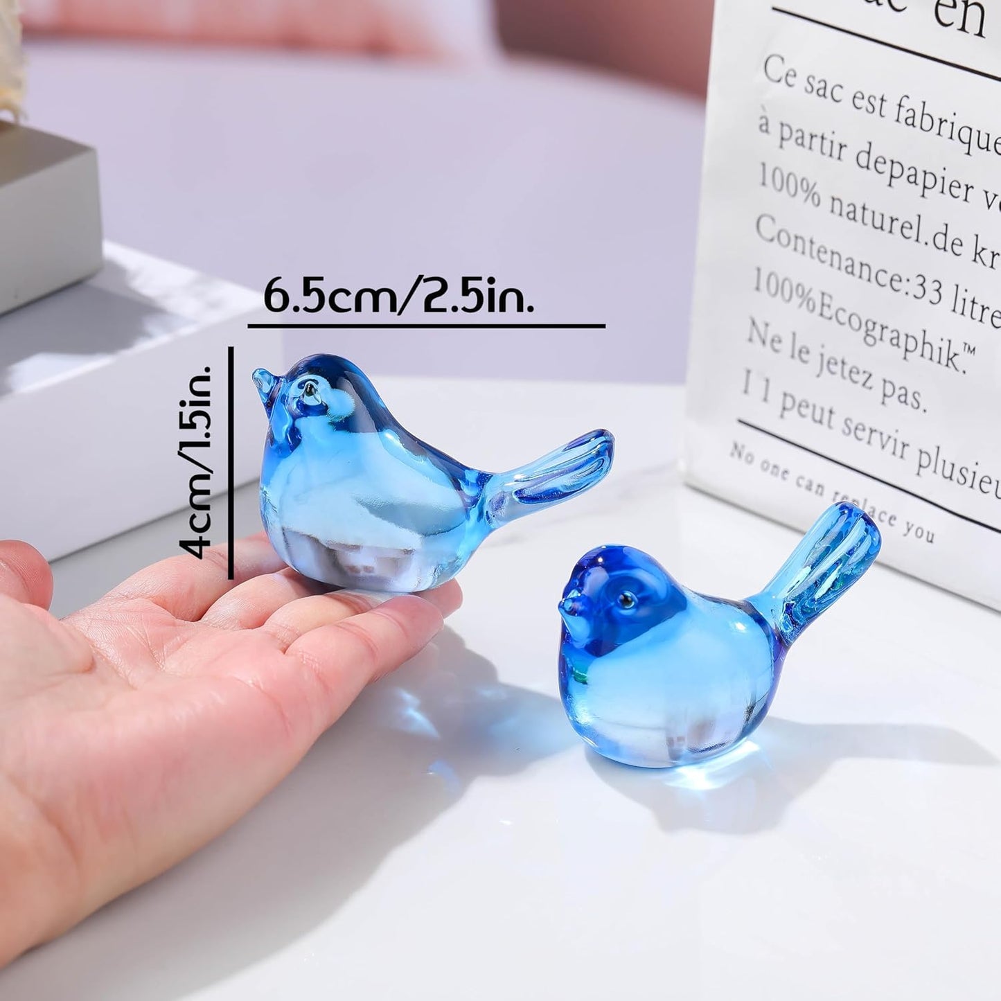 Qianwei Crystal Bird Figurine Set - Handmade Blown Glass Birds for Office Desk Decor | 2pcs Sky Blue