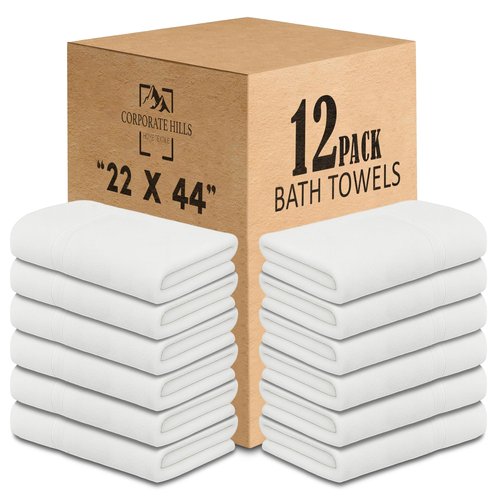 Corporate Hills CH White Bath Towels Bulk Pack of 12 (22x44 Inches) – 100% Cotton Lightweight & Absorbent Towels for Airbnb, Hotels, Motels & Commercial Use