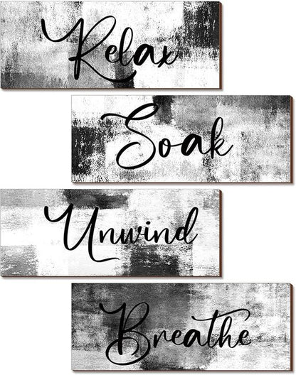 Maitys Bathroom Wall Art - 4 Pcs Rustic Wood Decor for Spa & Relaxation | 10 x 4 Inch Black & White