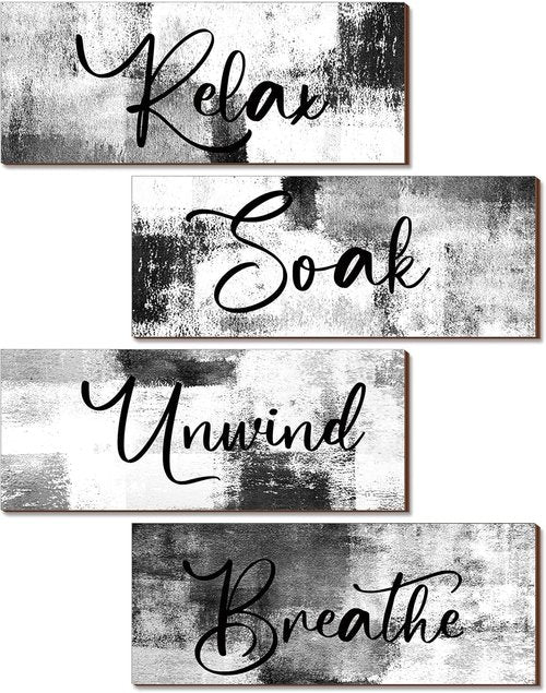 Maitys Bathroom Wall Art - 4 Pcs Rustic Wood Decor for Spa & Relaxation | 10 x 4 Inch Black & White