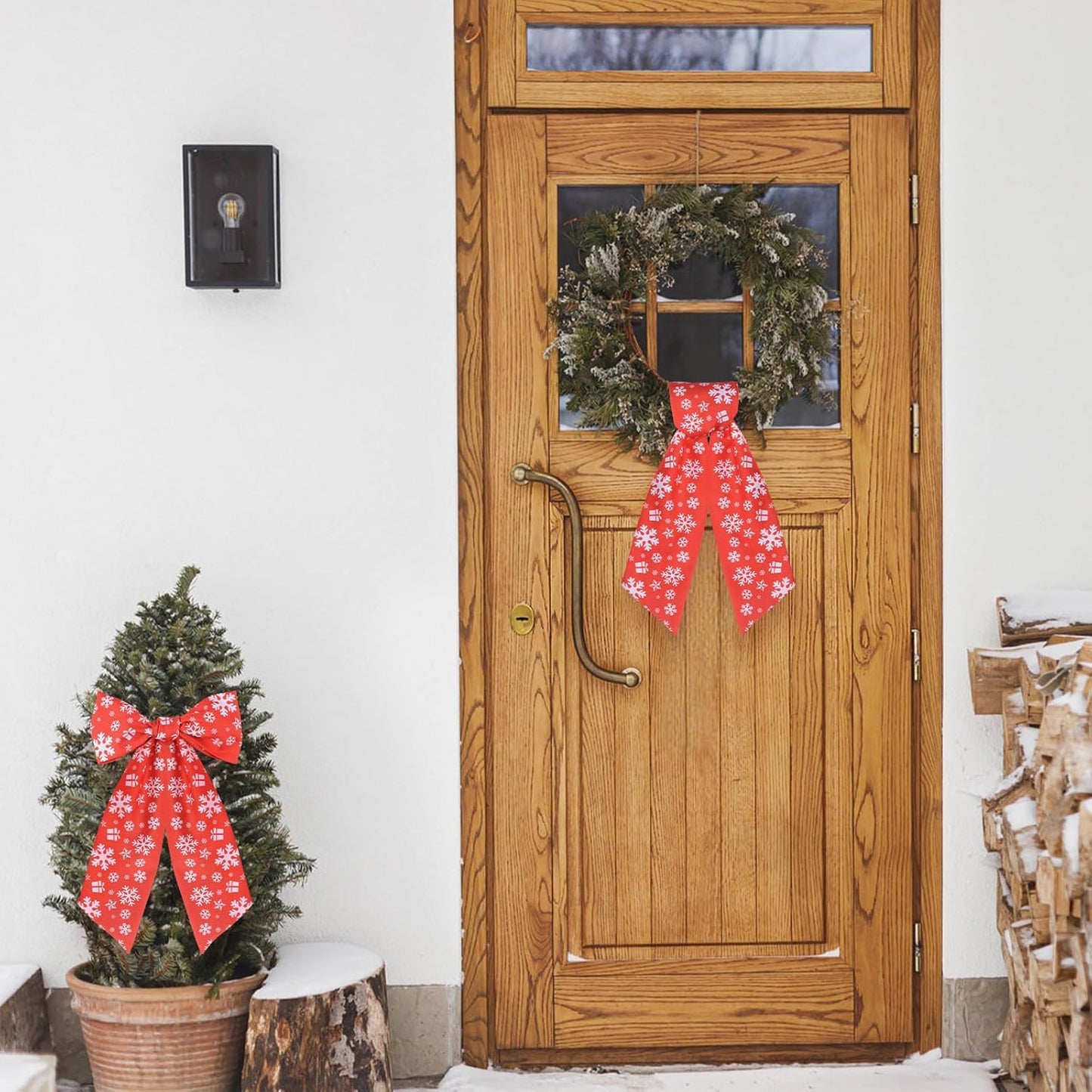 Red Satin Sash by Wreath - 2pcs Front Door Decor with Christmas Bow Embroidery | Indoor/Outdoor Use
