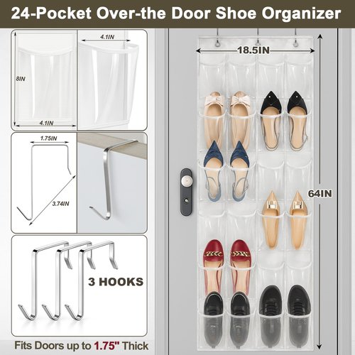 Bofoho Over the Door Shoe Organizer with 24 Crystal Clear Pockets and Metal Hooks – Heavy Duty Hanging Shoe Storage Rack for Closet, Bathroom, Dorm – Space Saving for Shoes, Accessories, Toys (White)