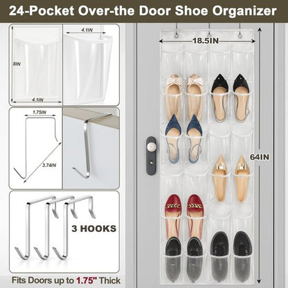 Bofoho Over the Door Shoe Organizer with 24 Crystal Clear Pockets and Metal Hooks – Heavy Duty Hanging Shoe Storage Rack for Closet, Bathroom, Dorm – Space Saving for Shoes, Accessories, Toys (White)