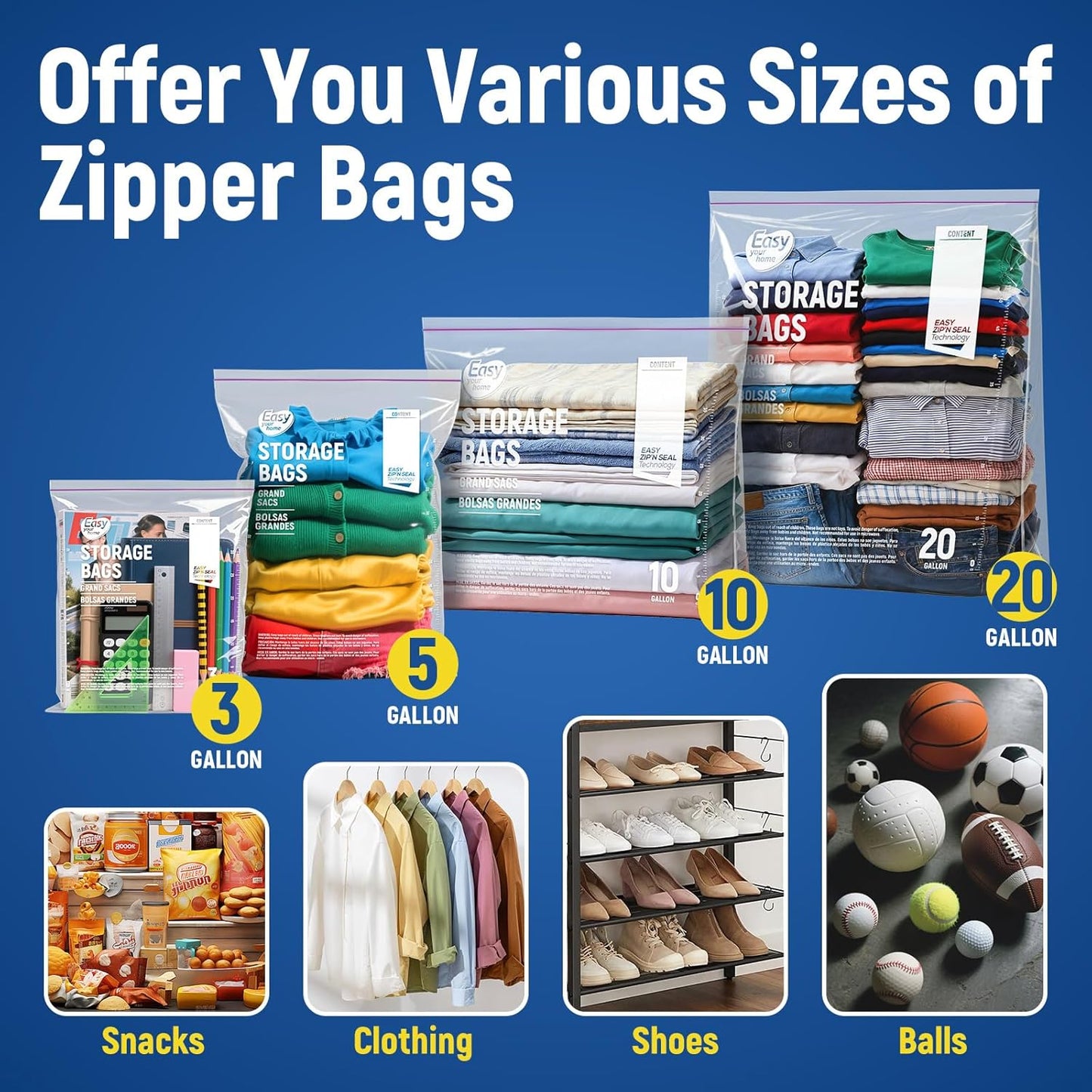 Ziploc 5 Gallon Zipper Lock Storage Bags - Extra Large Reusable Plastic Freezer Bags | BPA-Free, 18"x24"