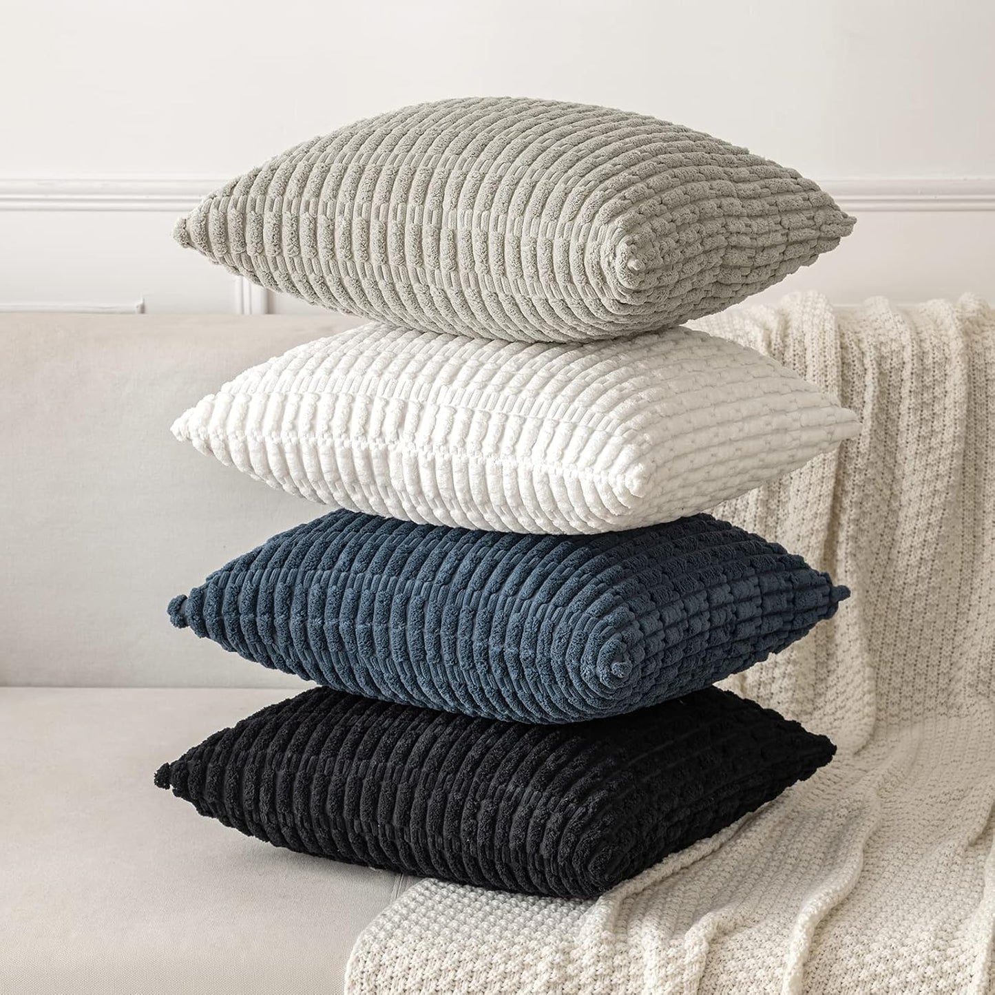 MIULEE Euro Sham Pillow Covers - Soft Boho Striped Corduroy | 24x24 Inch, Blue for Modern Farmhouse Decor