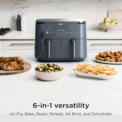 Ninja Foodi Air Fryer - 6-in-1 Smart Cook Thermometer & DualZone™ Technology | XL 10 Qt Stainless Steel | Grey